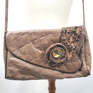 VTG 80s Pinky Brown Leather Croc Embossed Purse Shoulder Bag Envelope Clutch